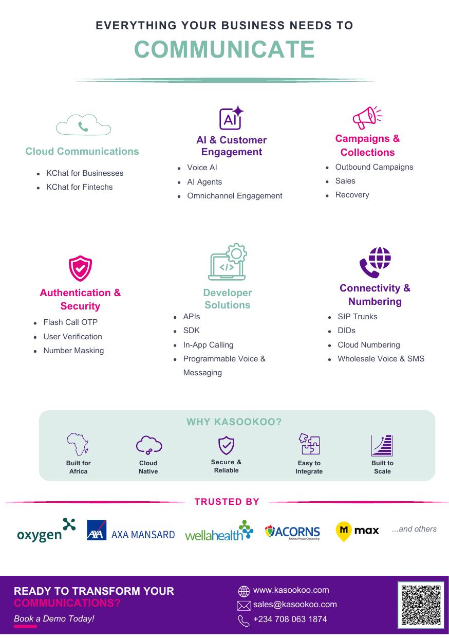 Kasookoo GITEX Nigeria 2026 flyer, page 2 — Everything your business needs to communicate